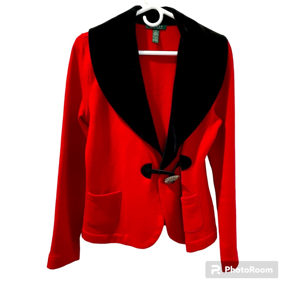 Lauren Ralph Lauren Jacket Blazer Red with Black Velvet Collar Toggle Bu…